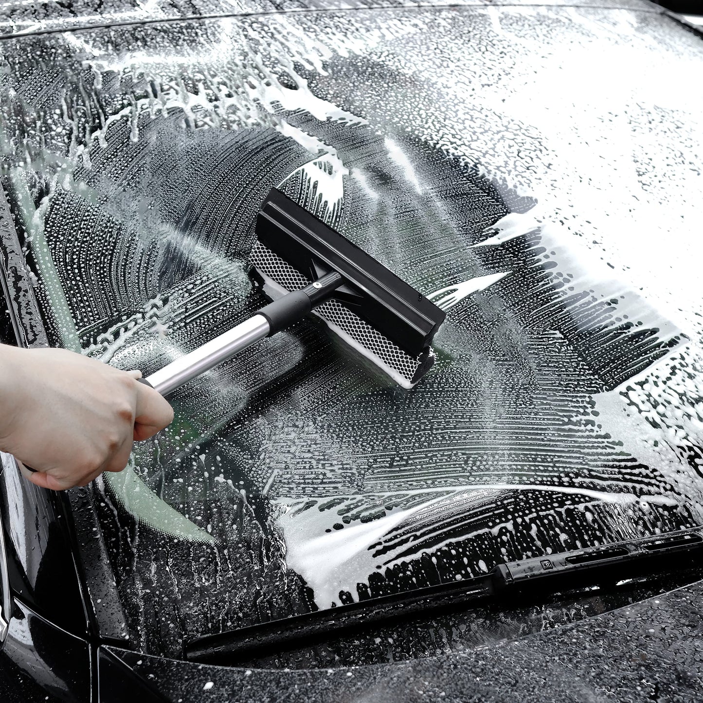 Polyte Window Squeegee for Car Windshields and Window Cleaning Tool, Extendable Aluminum Handle 14-20 in. (Black)