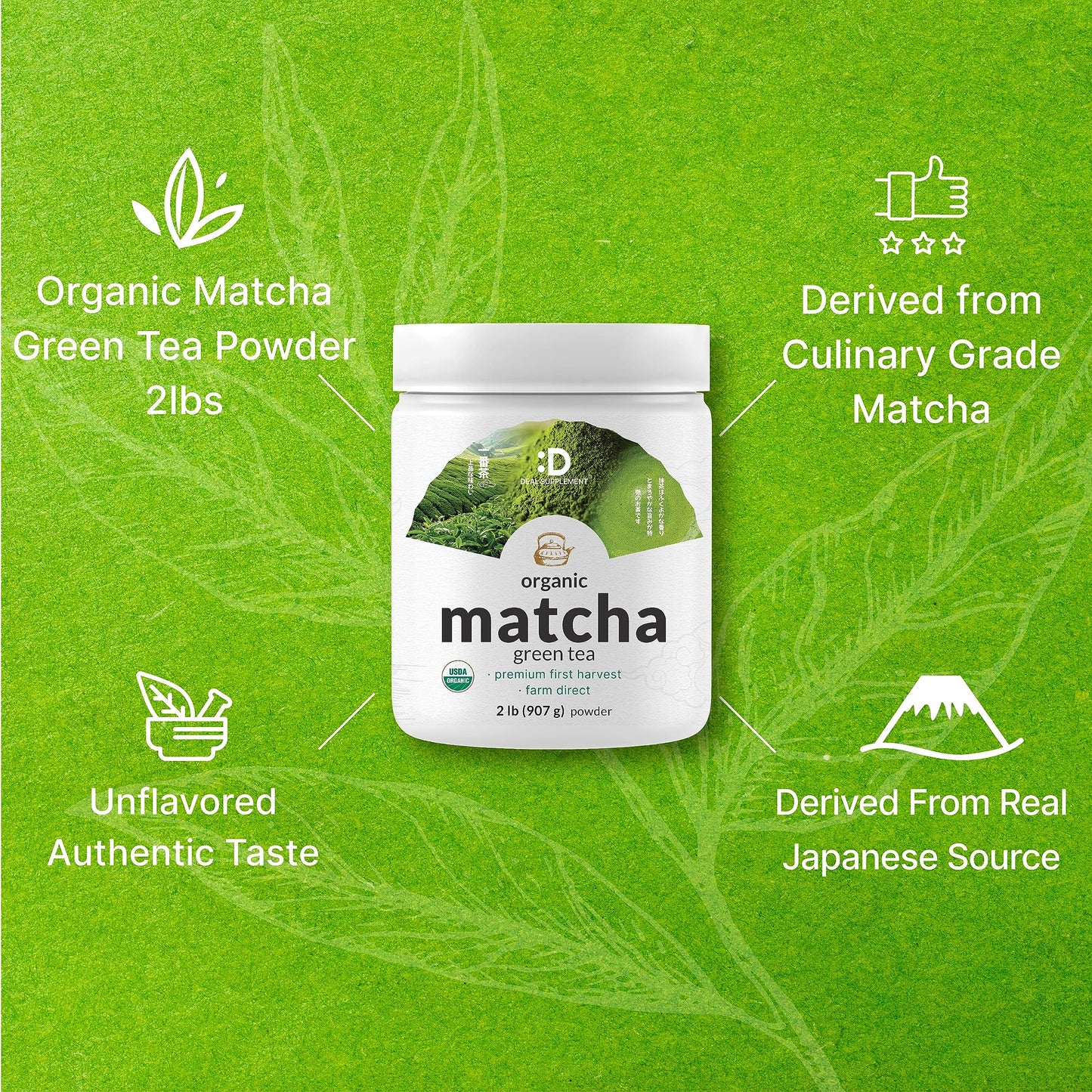 Organic Matcha Green Tea Powder, 2 lb (907g) | First Harvest, Culinary Grade | Japanese Sourced Cafe Mix | Zero Sugar, Keto Friendly, Non-GMO