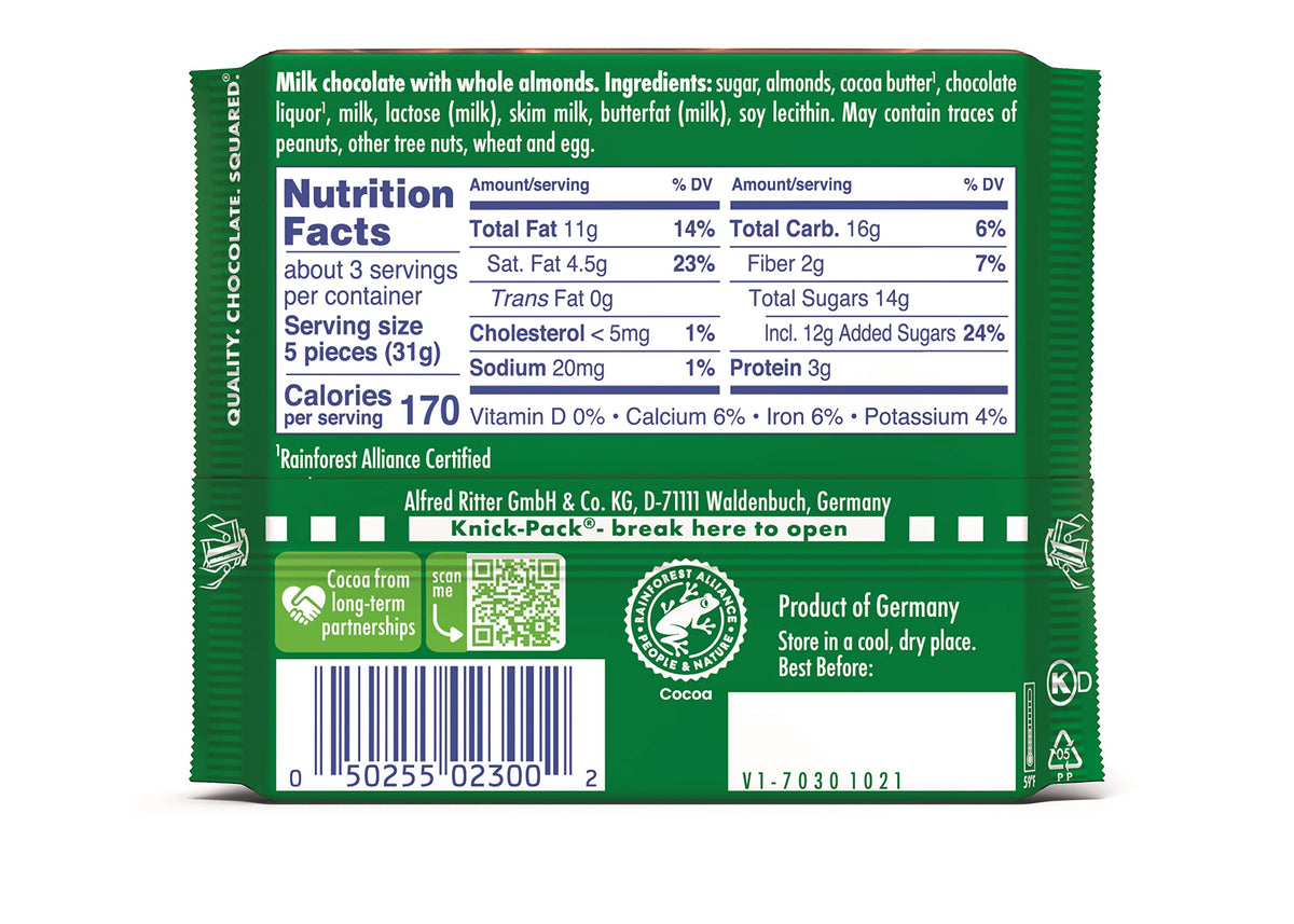 Ritter Sport Milk Chocolate with Whole Almonds, 3.5 Ounce Bar, 11 Pack, 100% certified Sustainable Cocoa